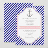 Navy blue, roze anker en strepen nautische bruilof kaart (Voorkant / Achterkant)