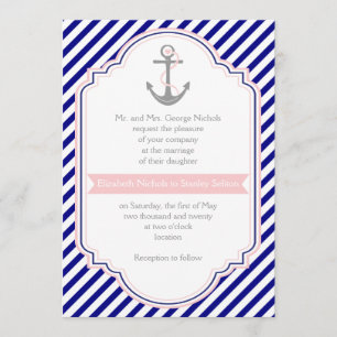 Navy blue, roze anker en strepen nautische bruilof kaart
