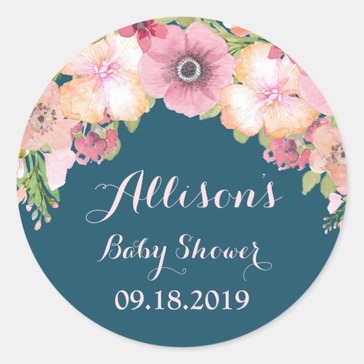 Navy Blue Roze Bloemen Baby shower Label (Voorkant)