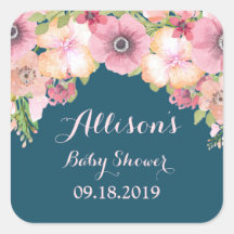Navy Blue Roze Bloemen Baby shower Label