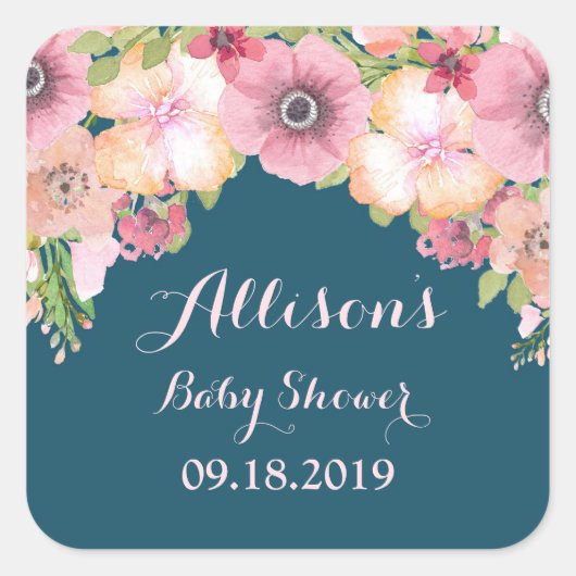 Navy Blue Roze Bloemen Baby shower Label (Voorkant)