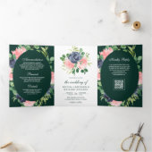 Navy Blue Roze Bloemencode QR Emerald Huwelijk Drieluik Uitnodiging (Binnen)