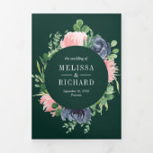 Navy Blue Roze Bloemencode QR Emerald Huwelijk Drieluik Uitnodiging (Cover)