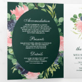 Navy Blue Roze Bloemencode QR Emerald Huwelijk Drieluik Uitnodiging (Binnenzijde eerst)