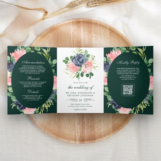 Navy Blue Roze Bloemencode QR Emerald Huwelijk Drieluik Uitnodiging