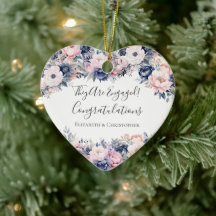 Navy Blue Roze Bloemenhart Verloving Ornament