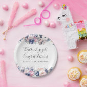 Navy Blue Roze Bloemenverlovingsfeestje Papier Bor Papieren Bordje (Feest)