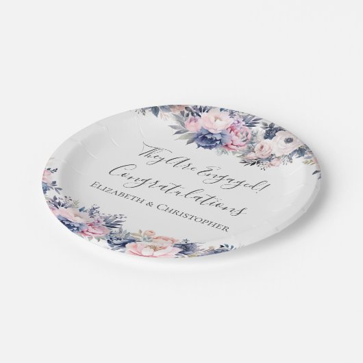 Navy Blue Roze Bloemenverlovingsfeestje Papier Bor Papieren Bordje (Gekanteld)