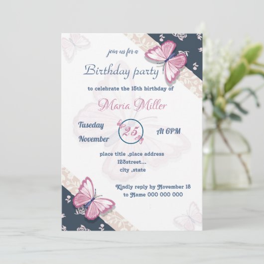 navy blue - roze butterflypartij (Staand voorkant)