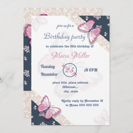 navy blue - roze butterflypartij (Voorkant / Achterkant)