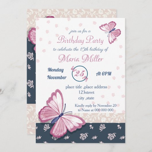 navy blue - roze butterflypartij (Voorkant / Achterkant)