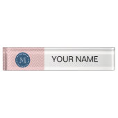 Navy Blue, roze Chevron Pattern | Uw monogram Naambordje (Voorkant)
