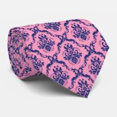 Navy Blue & Roze Floral DamasPatroon 4 Stropdas (Opgerold)