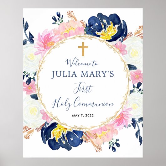 Navy blue roze gele communiqué welkomstteken poster (Voorkant)