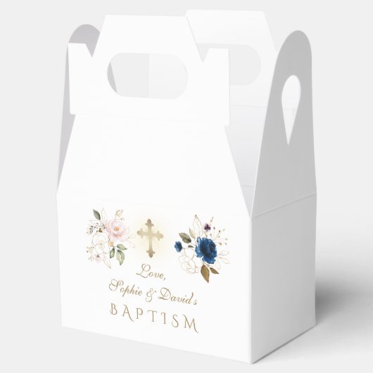 Navy Blue roze Gold FlowersTwins Baptism Bedankdoosjes (Geopend)
