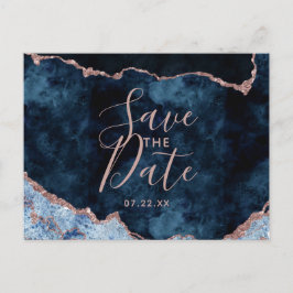 Navy Blue Roze Goud Agate Marmer Save the Date Aankondigingskaart