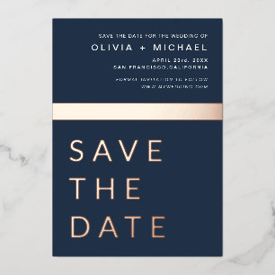 Navy Blue Roze Goud Save the Date Elegant Folie Uitnodiging