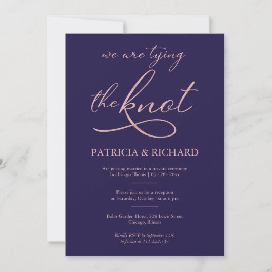 Navy Blue Roze Gouden Folie Script Elopement Trouw Kaart (Voorkant)