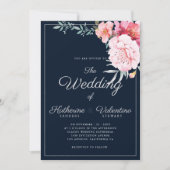Navy blue roze mint formal script floral bruiloft kaart (Voorkant)