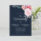 Navy blue roze mint formal script floral bruiloft kaart (Staand voorkant)