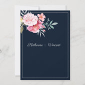 Navy blue roze mint formal script floral bruiloft kaart (Achterkant)