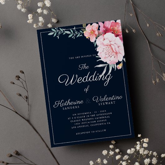 Navy blue roze mint formal script floral bruiloft kaart
