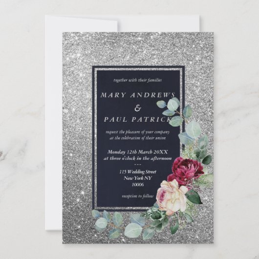 Navy blue roze mint zilverglitter bruiloft kaart (Voorkant)