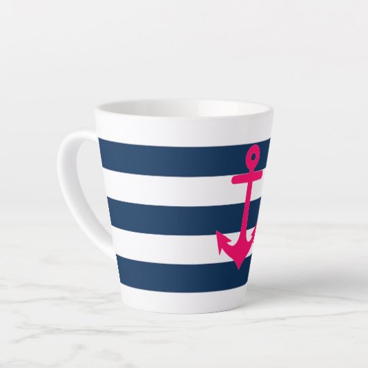 Navy Blue Roze Nautical Anchor Stripes Latte Mok (Linkerhoek)