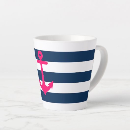 Navy Blue Roze Nautical Anchor Stripes Latte Mok (Rechterhoek)