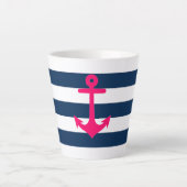 Navy Blue Roze Nautical Anchor Stripes Latte Mok (Voorkant)