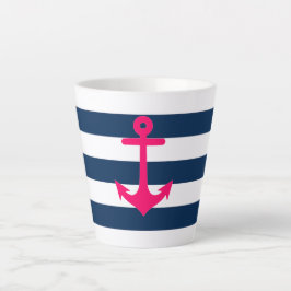 Navy Blue Roze Nautical Anchor Stripes Latte Mok