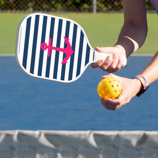 Navy Blue Roze Nautical Anchor Stripes Pickleball Paddle (Insitu)