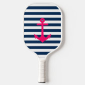 Navy Blue Roze Nautical Anchor Stripes Pickleball Paddle (Achterkant)
