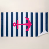 Navy Blue Roze Nautical Anchor Stripes Strandlaken (Voorkant)