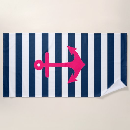 Navy Blue Roze Nautical Anchor Stripes Strandlaken (Voorkant)