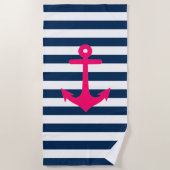 Navy Blue Roze Nautical Anchor Stripes Strandlaken (Voorkant)