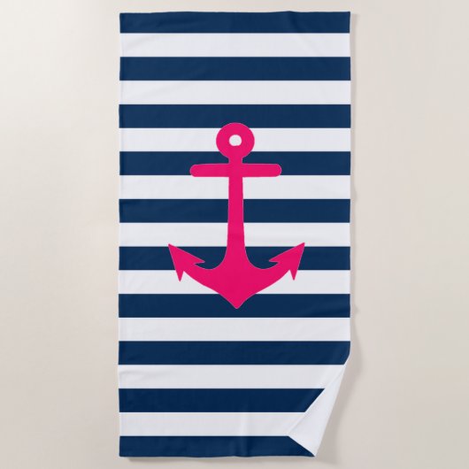 Navy Blue Roze Nautical Anchor Stripes Strandlaken (Voorkant)