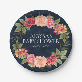 Navy Blue Roze Red Floral, aangepast Baby shower Papieren Bordje