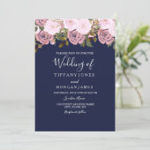 Navy Blue Roze Rose Floral Wedding Invite Kaart (Staand voorkant)