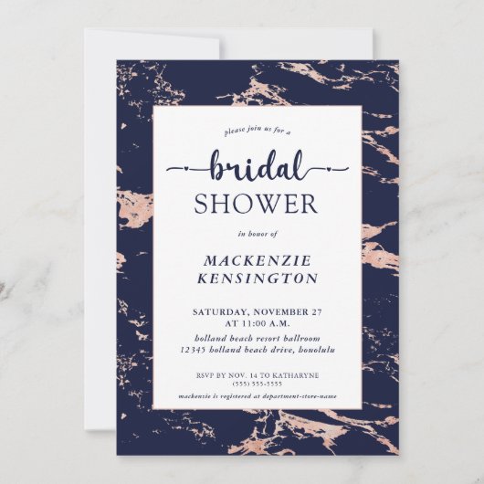 Navy Blue Roze Rose Gold Foil Marble Vrijgezellenf Kaart (Voorkant)