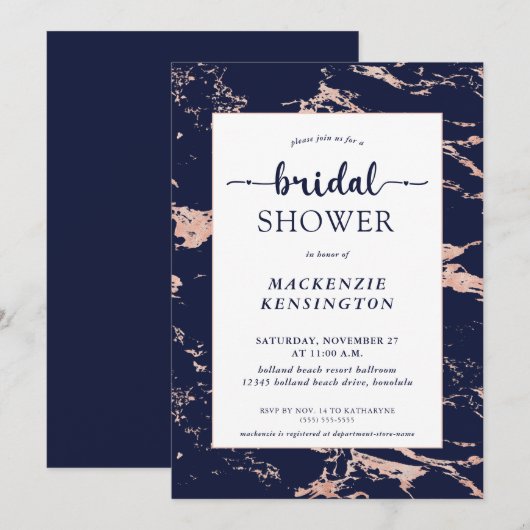 Navy Blue Roze Rose Gold Foil Marble Vrijgezellenf Kaart (Voorkant / Achterkant)