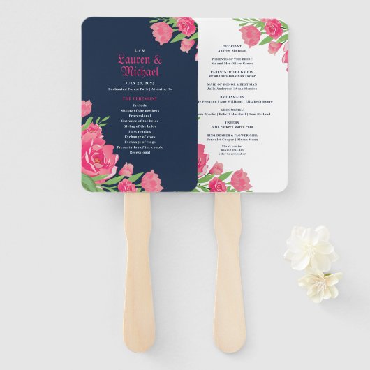 Navy Blue Roze Roses Flower Bouquet Floral Wedding Handwaaier (Voorkant en achterkant)