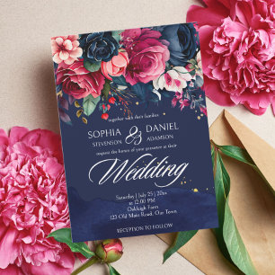 Navy blue roze rozen bruiloft sjabloon kaart