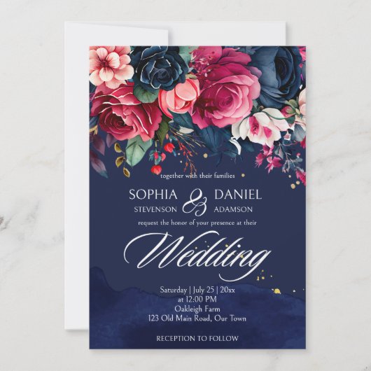 Navy blue roze  rozen bruiloft sjabloon kaart (Voorkant)