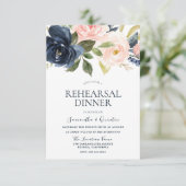 Navy Blue Roze Waterverf Bloemendiner Kaart (Staand voorkant)