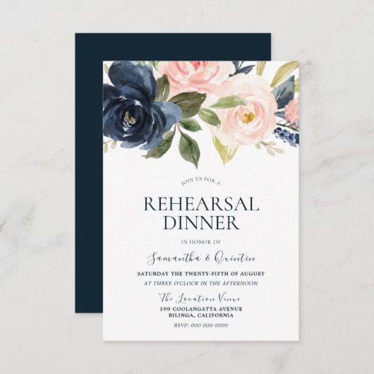 Navy Blue Roze Waterverf Bloemendiner Kaart (Voorkant / Achterkant)