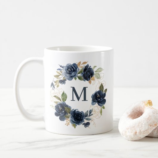 Navy Blue Rozen Bloemenkrans Gold Folie Monogram Koffiemok (Met donut)