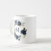 Navy Blue Rozen Bloemenkrans Gold Folie Monogram Koffiemok (Voorkant links)