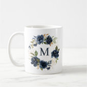Navy Blue Rozen Bloemenkrans Gold Folie Monogram Koffiemok (Links)
