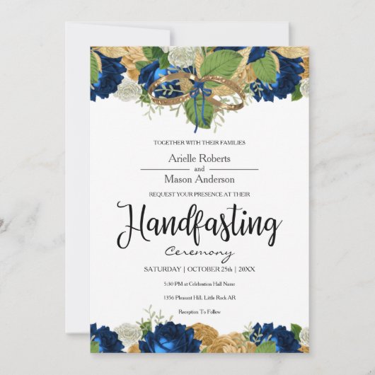 Navy Blue Rozen Boho Gold Handfasting Kaart (Voorkant)